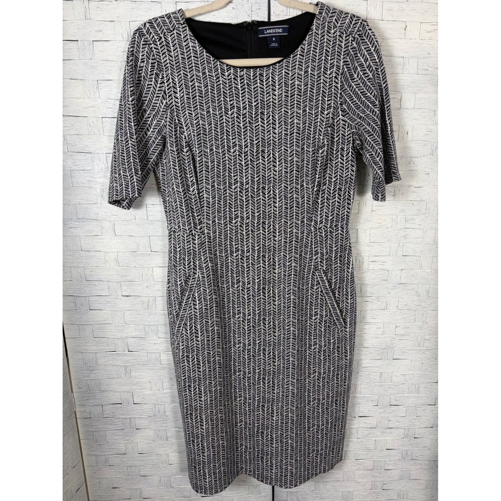 Lands'End Womens Dress Sheath Black White Herringbone Pockets bodycon RN‎ 62830
